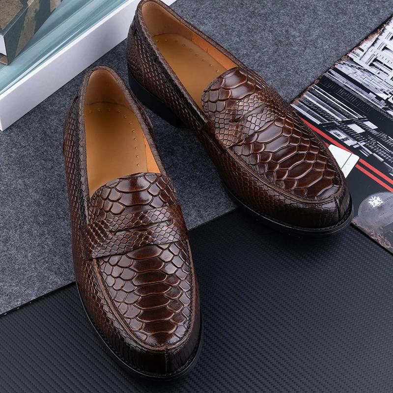 Fashion Snake Printing Leather Men Shoes Loafers Design Slip On Daily Casual Shoe Genuine Cowhide Handmade Sewing Comfortable Dress Shoe