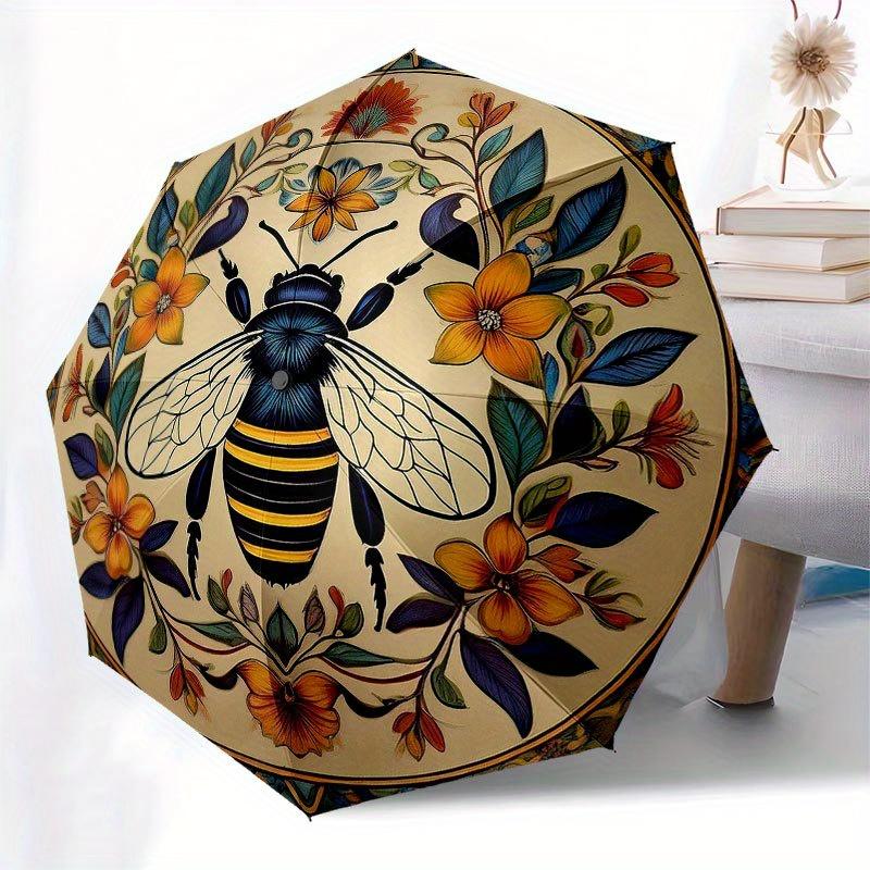 Colorful Bee and Floral Decorative PlateUmbrella with Cute Design, Portable 3-Fold Compact Umbrella for Men & Women, Valentine's Day Mother's Day Hall