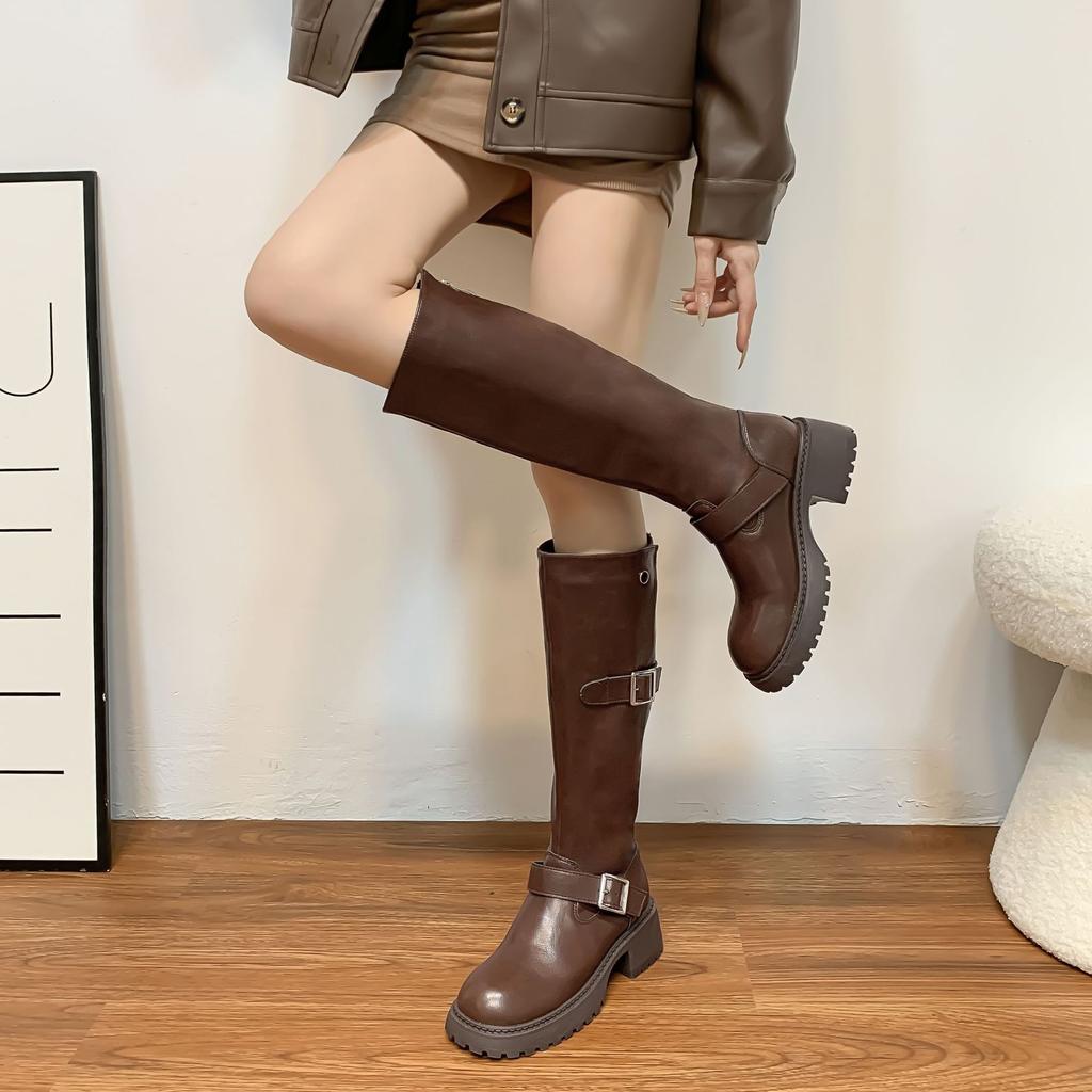 Internet Celebrity Long Knight Boots Belt Buckle Korean Version of Women's Boots Small Thick Sole Heightening Women's Boots Wear High-end Boots