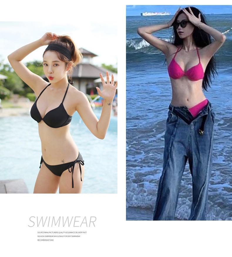 Розово-красный купальник-бикини из трех частей с косточками для маленькой груди