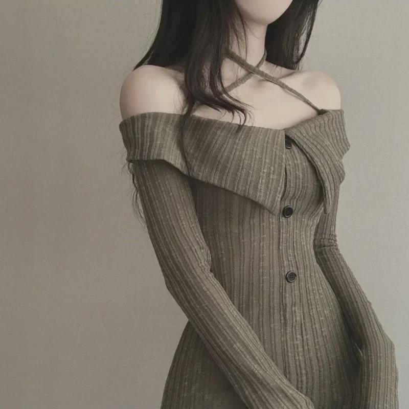 Корейский шик осеннее платье-халтер на одно плечо облегающего кроя с длинными рукавами для женщин