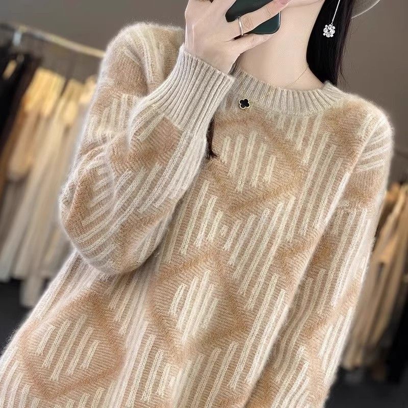 Осенне-зимний свитер-пуловер с круглым вырезом для женщин, ленивый и толстый свободный верх, универсальный вязаный свитер с цветными блоками