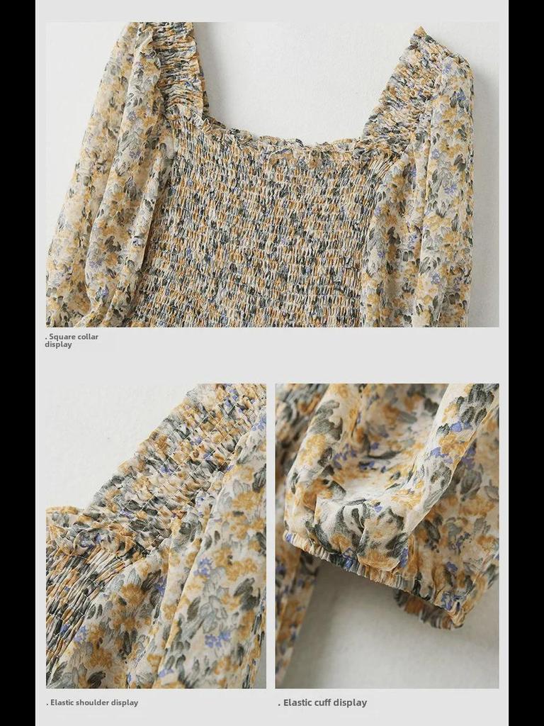 Women's Floral Chiffon Long Skirt Dress, Square Collar, Puff Sleeve, French Retro Style, 2024 Summer Collection.