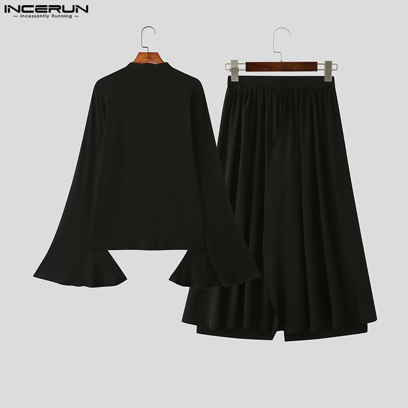 INCERUN Мужские рубашки с длинным рукавом и расклешенным низом, комплекты брюк с широкими штанинами, наряды из двух частей