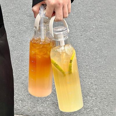 Стеклянные бутылки для воды из боросиликатного стекла для девочек, термокружка с ручкой, соломинкой, шкалой, прозрачные, термостойкие, для сока, кофе