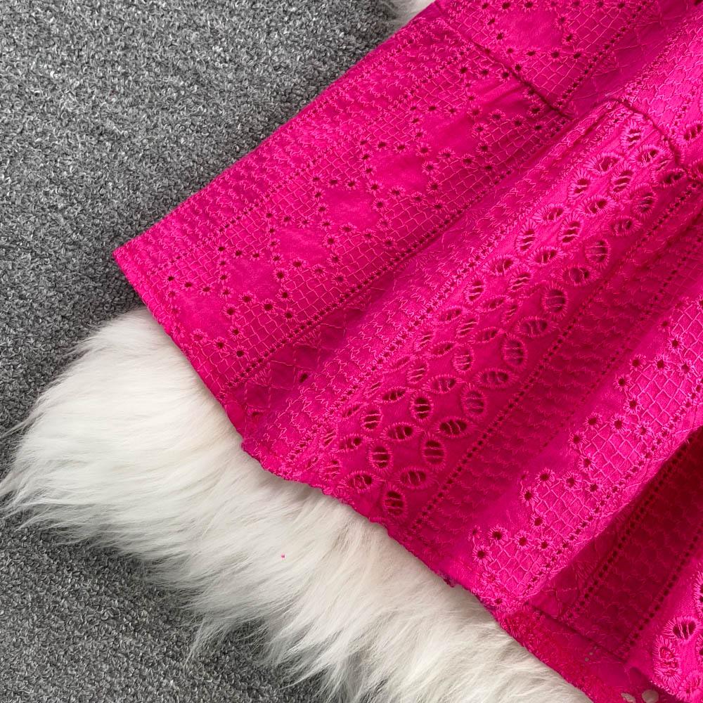 Summer Korean Hollowed-out Deep V-neck Waistband Show Thin Ruffle Sleeve A-line Seaside Holiday Beach Dress Vestidos