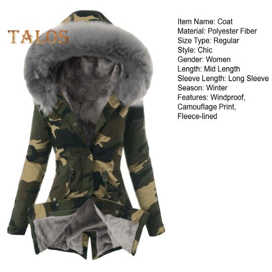 Женский зимний пуховик с искусственным мехом, флисовой подкладкой, застежкой-молнией на кнопках, ветрозащитная куртка средней длины с камуфляжным принтом, приталенная верхняя одежда