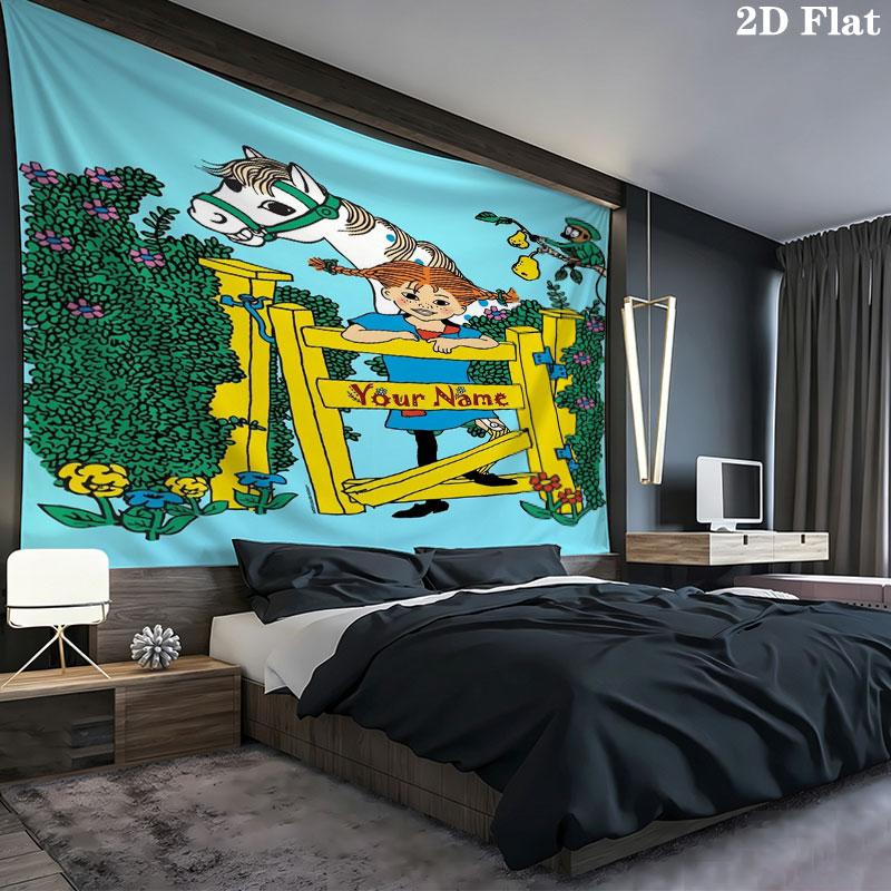 Pippi Longstocking Custom Name Wall Tapestry Aesthetic Wall Hanging Printed Fabric Blanket Decorative Tapestries for Bedroom Living Room Home Decor