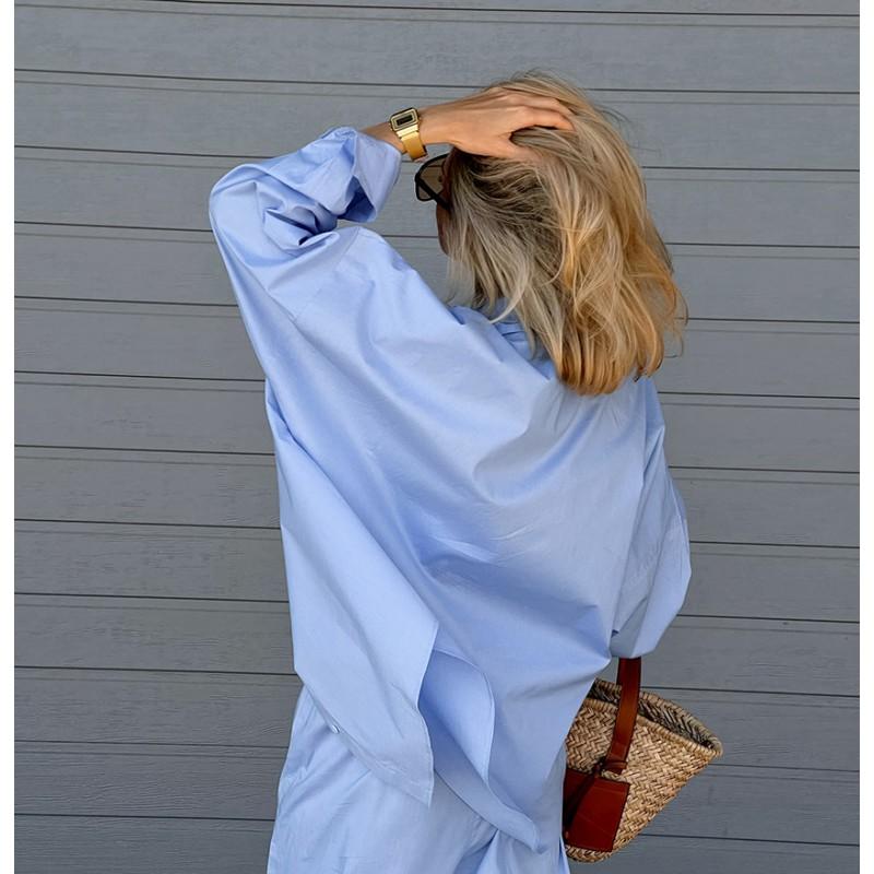 Womens Loose Long Sleeve Shirt Wide Leg Pants Set Solid Color Casual Office Outfit