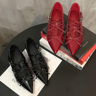 Внутреннее увеличение высоты заостренная лакированная кожа весенние туфли Мэри Джейн женские двойной бант ретро одинарные туфли маленькая новая женская обувь