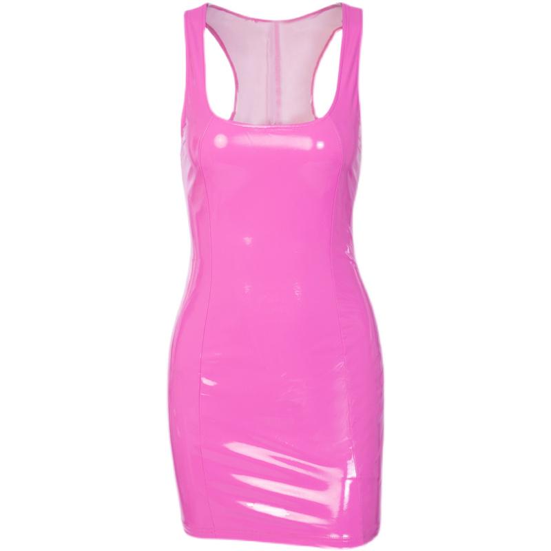Женское сексуальное платье без рукавов из искусственной кожи с подтяжками - однотонная короткая обтягивающая юбка