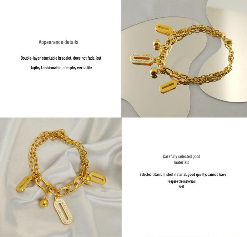 18K Gold-Plated Stainless Steel Double-Layer Oval Diamond Bracelet for Women - Niche Fashion Stackable Jewelry.