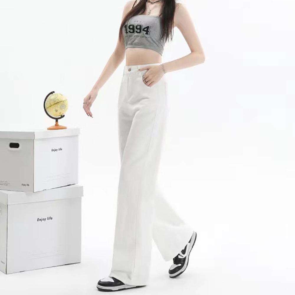 Корейская версия простых джинсов с высокой посадкой, свободного кроя, с широкими штанинами, женские, весенне-осенние, новые, повседневные, универсальные, драпирующиеся, прямые брюки