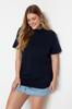 Women's Style Plus Size White Navy Blue Ribbed Collar Boyfriend Knitted T-shirt