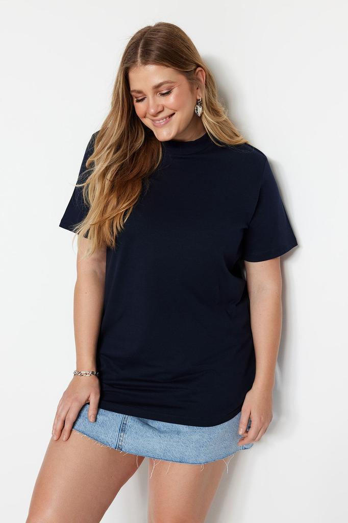 Women's Style Plus Size White Navy Blue Ribbed Collar Boyfriend Knitted T-shirt