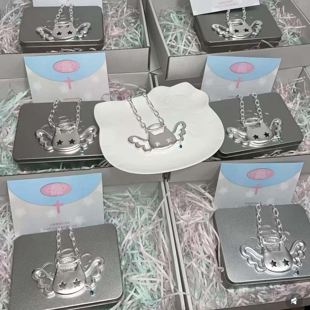 Silver Color Wing Cat Pendant Water Drop Necklace Punk Fashion Y2K Necklace  Women Girls