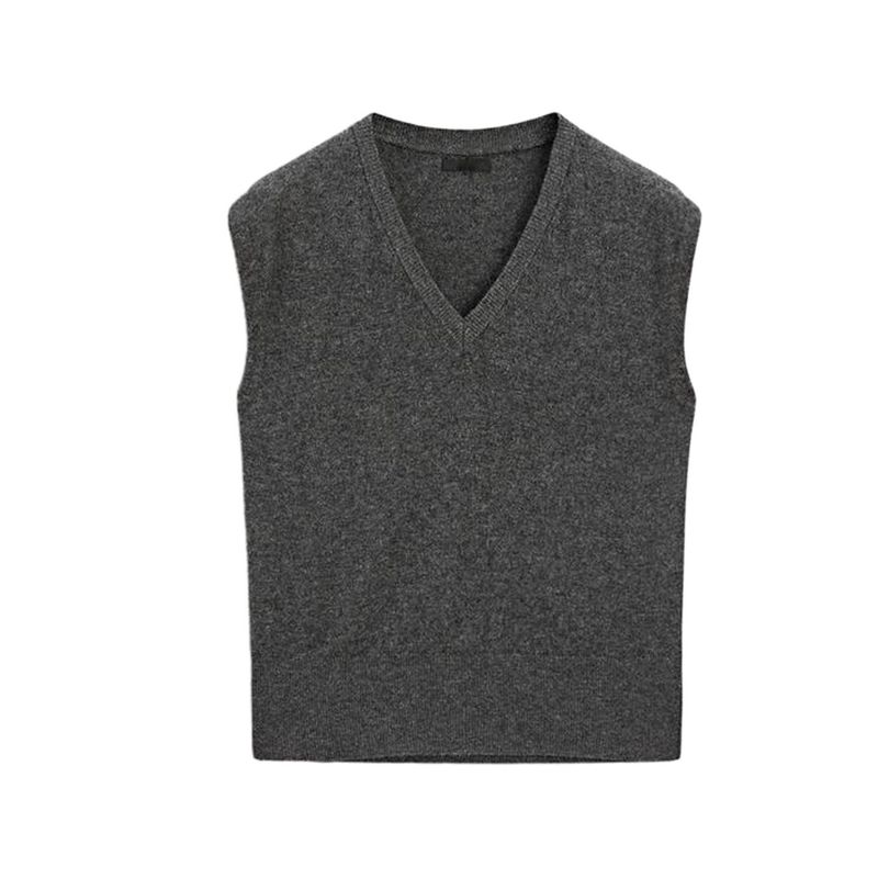 MD Autumn New Women Clothes Gray Simple Soft Glutinous Fleece Blended V-neck Knitted Vest Vest 5769593