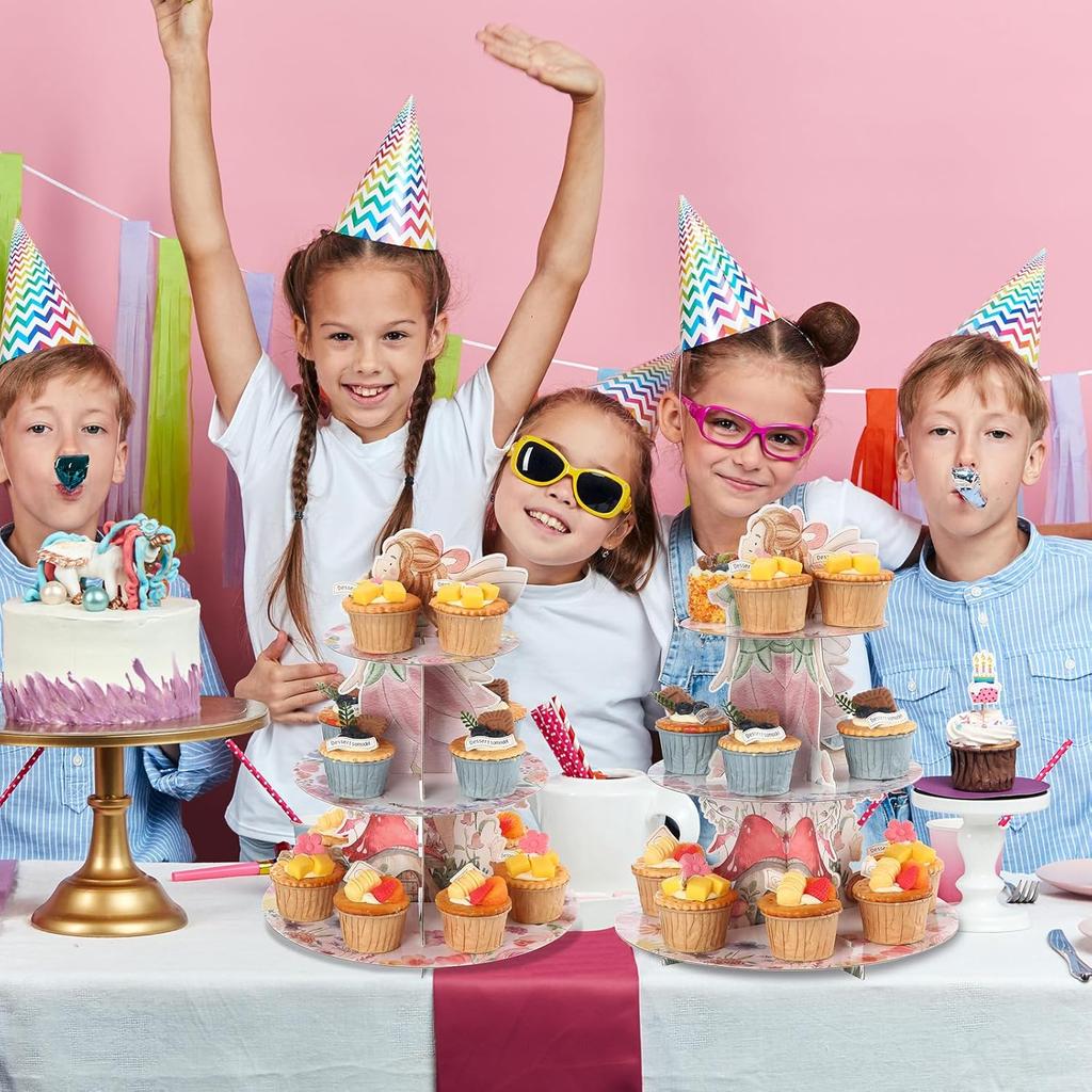 Honeydak 3 Tier Fairy Party Cupcake Stand Decorations Fairy Theme Cupcake Holder Decorations Wing Ballet Dancer Dessert Tower for Kids Party Birthday