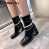Женские сапоги Morder на толстом каблуке, модные туфли с боковыми молниями, осень-зима, квадратные женские короткие сапоги на высоком каблуке