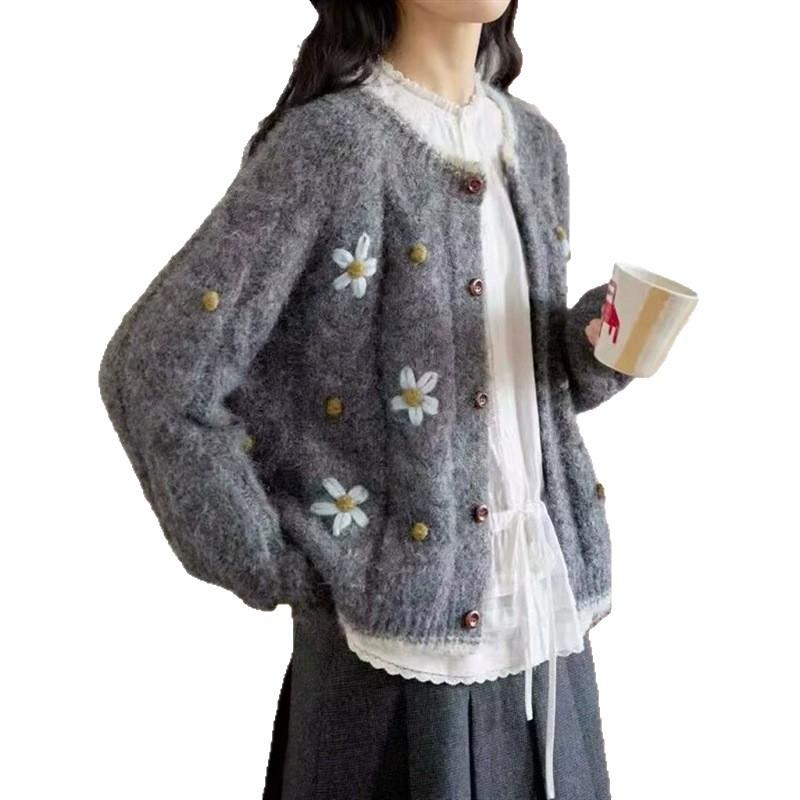 Autumn and Winter New Embroidered Sweater Jacket Loose and Gentle Knitted Cardigan Flower Round Neck Soft Waxy