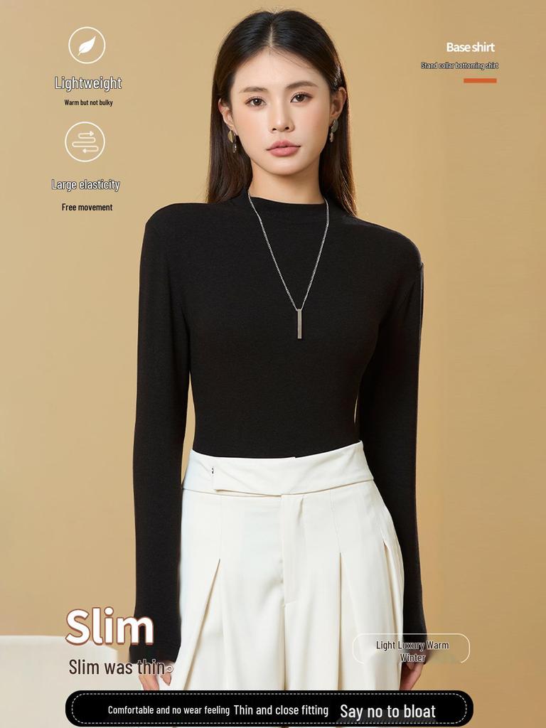 Women's Tencel Wool Acetate High Elastic Stand Collar Slim Fit Long Sleeve Base Layer Top for Autumn/Winter Warmth.