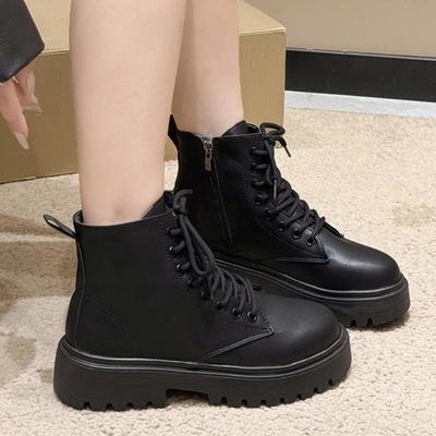 Женская обувь 2024 Новые женские ботинки на молнии сбоку Зимние с круглым носком Плюсовый флис для тепла Короткие ботильоны на массивном каблуке Модные ботинки