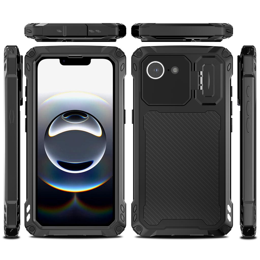 For iPhone 16e Case Aluminum Alloy+Silicone Lens Kickstand Phone Cover with Tempered Glass Film