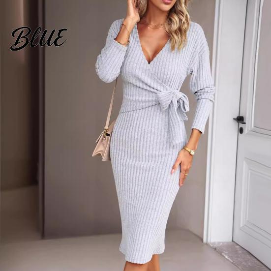 Stretchy Dress Women Spring Fall Cross V Neck Lace-up Slim Fit Sheath Long Sleeves Sleeve Midi Knee Length Knitted Elastic Shopping Dating Auutmn