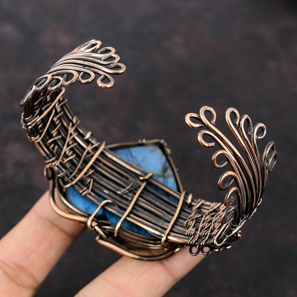 Лабрадорит Браслет-манжета Браслет-манжета из медной проволоки Регулируемый браслет Изысканный браслет-манжета с драгоценным камнем Медные украшения ручной работы Подарок для мамы