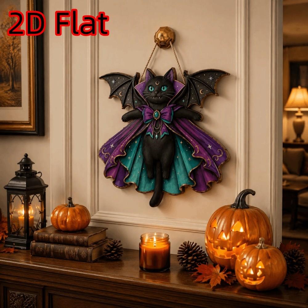 Vintage Style Halloween Black Cat Door Sign 2D Flat Holiday Bat Wing Cat Pendant Gift Giving
