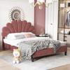 Upholstered Double Bed 140 x 200 cm, Bed Frame with Flower-Shaped Headboard and Slatted Frame, Adult-Youth, Skin-Friendly Velvet, Guest Bed, Bean Red