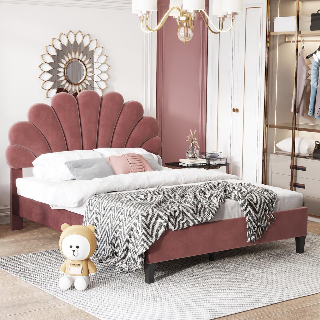 Upholstered Double Bed 140 x 200 cm, Bed Frame with Flower-Shaped Headboard and Slatted Frame, Adult-Youth, Skin-Friendly Velvet, Guest Bed, Bean Red