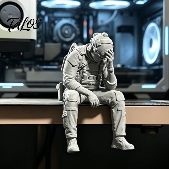 Talos 3D Printed Soldier Figurine Ornament, Sitting Tactical Statue, Funny Tired Sculpture for Table Shelf Edge Decor