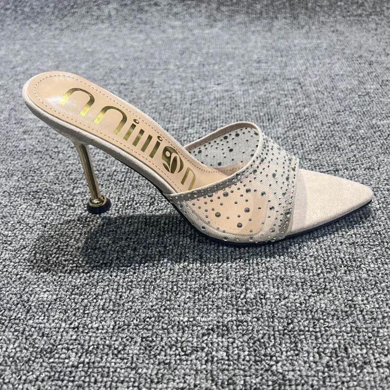 Летние женские тапочки, сексуальные, с острым носком, со стразами, сетка, женские туфли на высоком каблуке, женские туфли для вечеринки, свадьбы, невесты