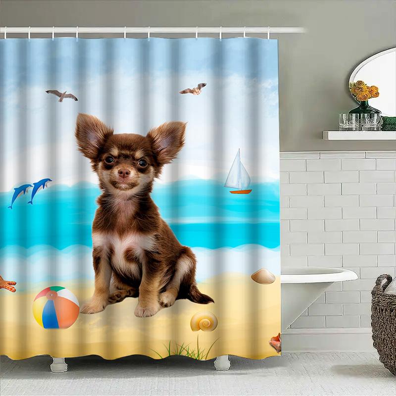 Beach-Themed Shower Curtain: Adorable Chihuahua Print In Multicolor Perfect For Bathroom Decor Easy Installation Quick Dry Fabri