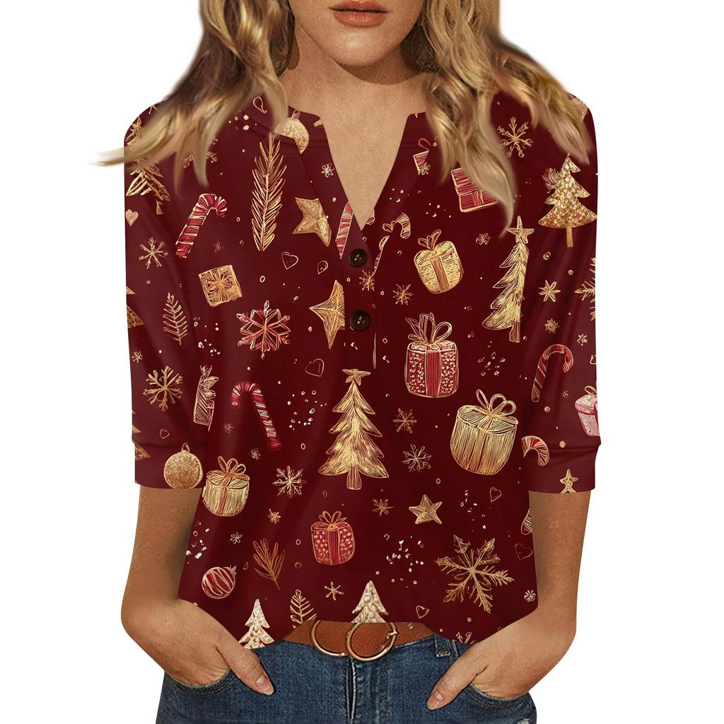 Женская футболка с рождественским принтом, на пуговицах, рукав 3/4, повседневная, выходного дня, модная, базовая, с V-образным вырезом, стандартный топ