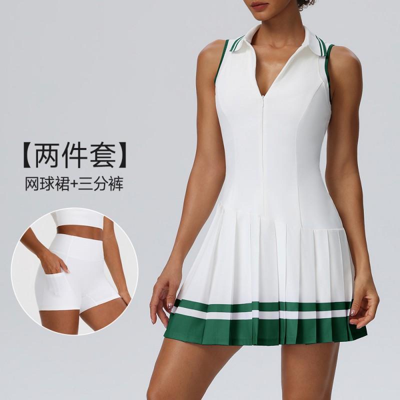 Womens Sleeveless Polo Neck Tennis Dress Set Colorblock Pleated Sporty Skirt Outfit Gym Running Yoga