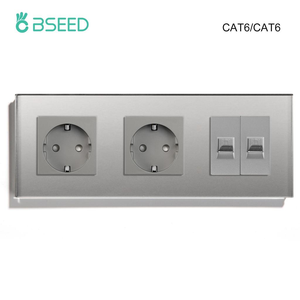 BSEED Двойная интернет-розетка CAT6 Настенная розетка Плюс EU Розетки питания Плюс Сетевой PC Data Компьютерный Коннектор Розетки Стеклянная Панель