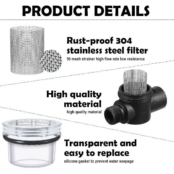 Honoson 2 Pcs Water Pump Strainer Filter Set Include Twist On Pipe Filter And Extra 50 Mesh Stainless Steel Screen, Rv Replacement 1/2 Inch Twist-On
