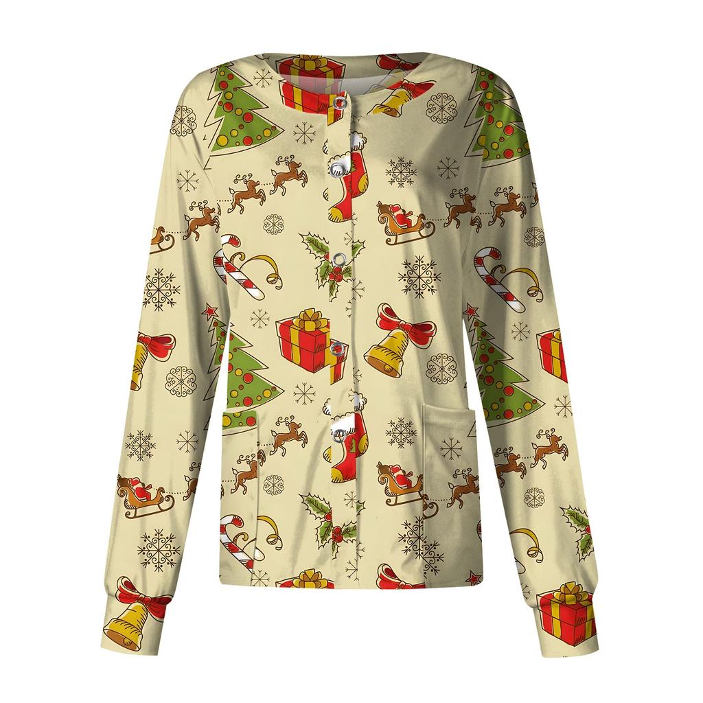 Женская повседневная модная однобортная куртка с длинным рукавом и стоячими лацканами с рождественским принтом, защитная рабочая куртка