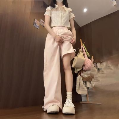 Розовые быстросохнущие брюки-трансформеры для женщин - Летние тонкие драпирующиеся повседневные спортивные брюки с высокой посадкой из ледяного шелка