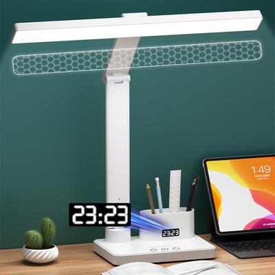 Светодиодные часы, настольная лампа, USB-зарядка, регулируемая настольная лампа, 2 головки, поворот на 180, складная защита глаз, ночник для чтения