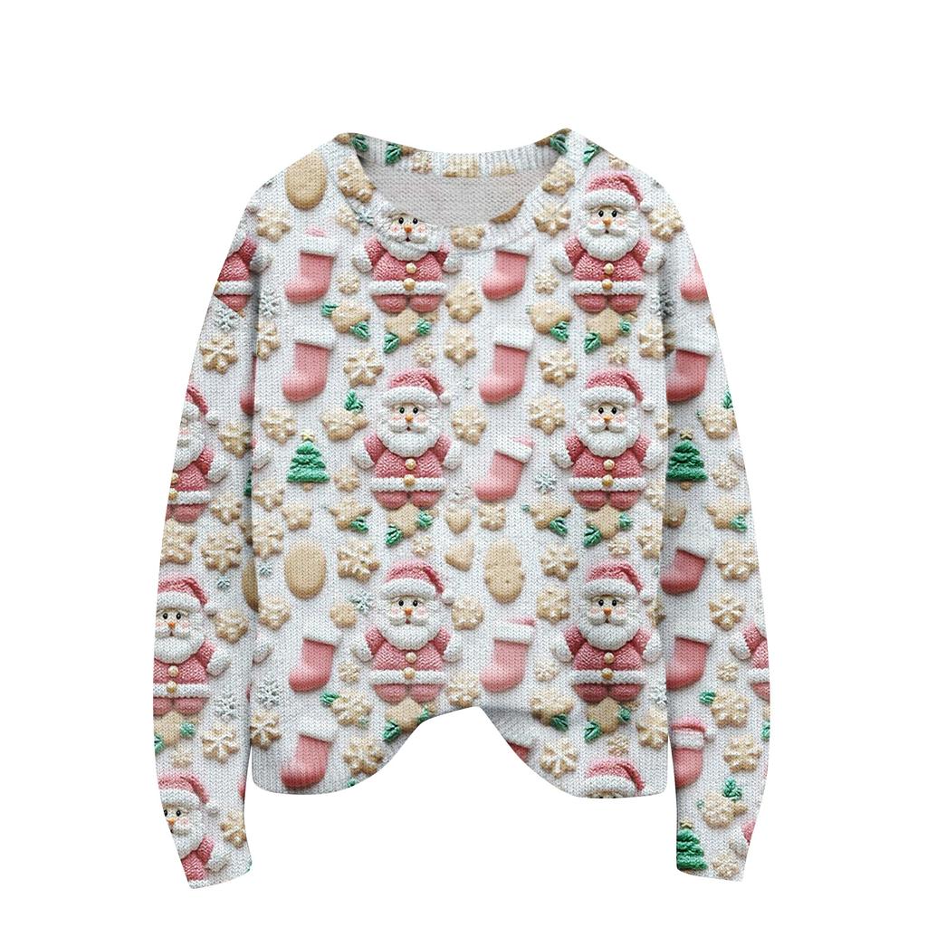 Women's Christmas Print Cardigan Long Sleeve Round Neck Knit Top