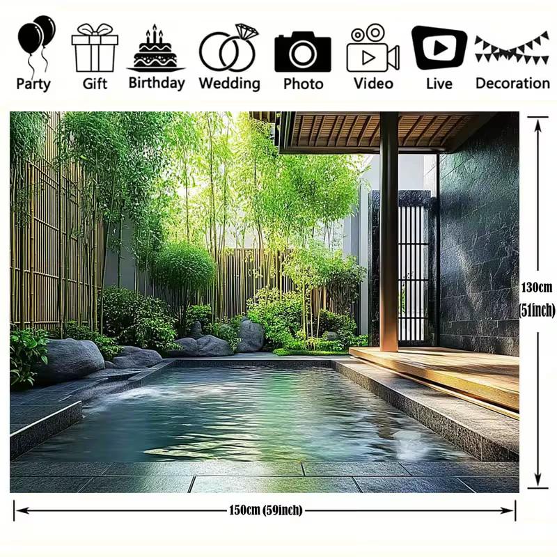 2D Tranquil Spa Pool with Green Bamboo and Stones Background