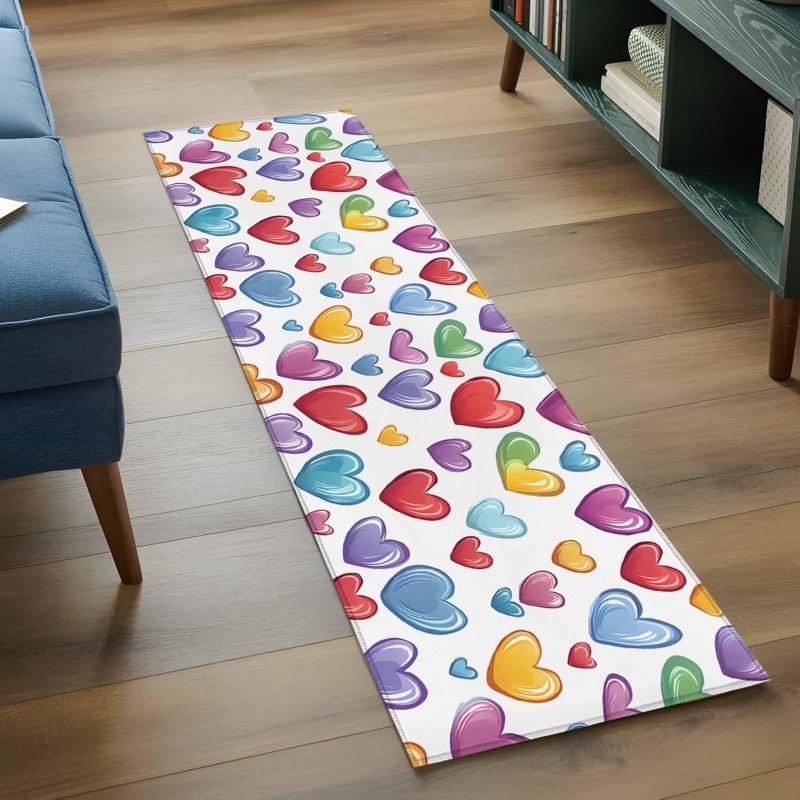 Cartoon Colorful Rainbow Heart Print Runner Rug Non-Slip Floor Mat for Room Hallway Bedroom Cute Valentine Home Decor