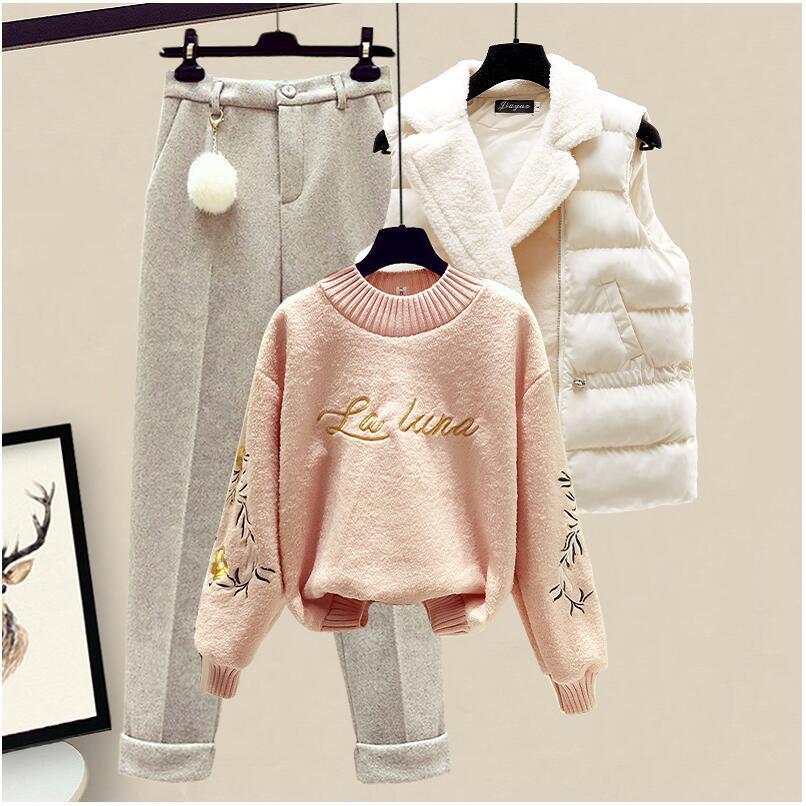 Thickened Cotton Jacket Vest Knitted Long Sleeved Sweater Pullover Woolen Pants Three Piece Elegant Women's Pants Set