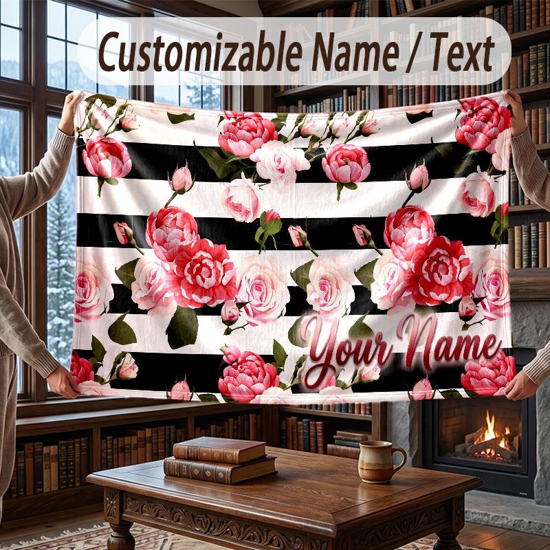 Floral Garden Theme Throw Blanket Custom Name Text Personalized Blanket Soft Cozy Blanket for Home Sofa Bed