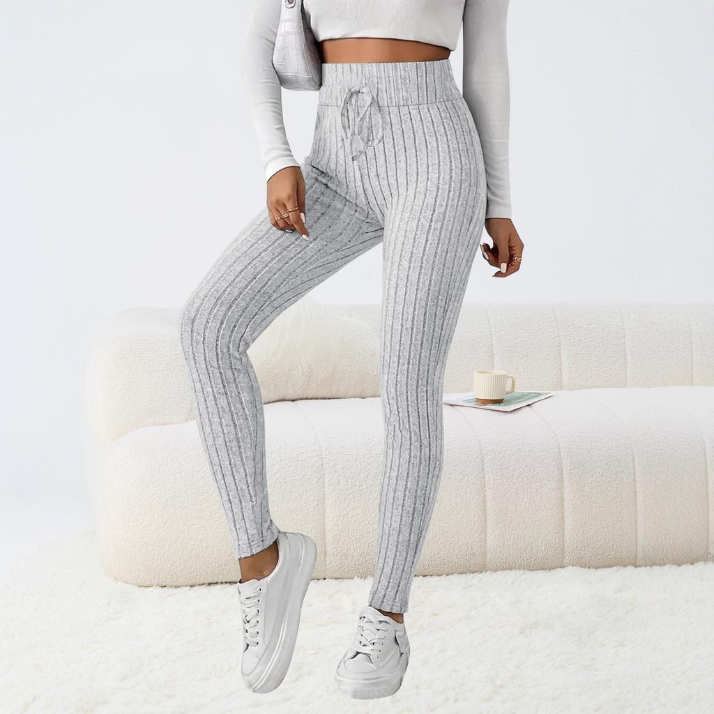 Women's Casual Pants with Ribbed Waistband High-Waisted Tie-Waist Warm Comfortable Tight-Fitting 9-Inch Pants for Home Use