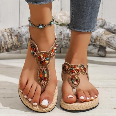 Женские ретро повседневные римские плоские нескользящие сандалии с бусинами