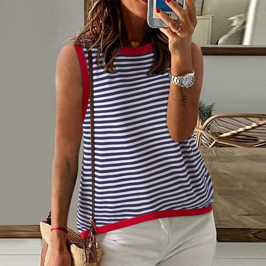 Женские летние топы, повседневная полосатая водолазка с цветными блоками, жилет, свободная рубашка без рукавов с высоким и низким вырезом, блузка